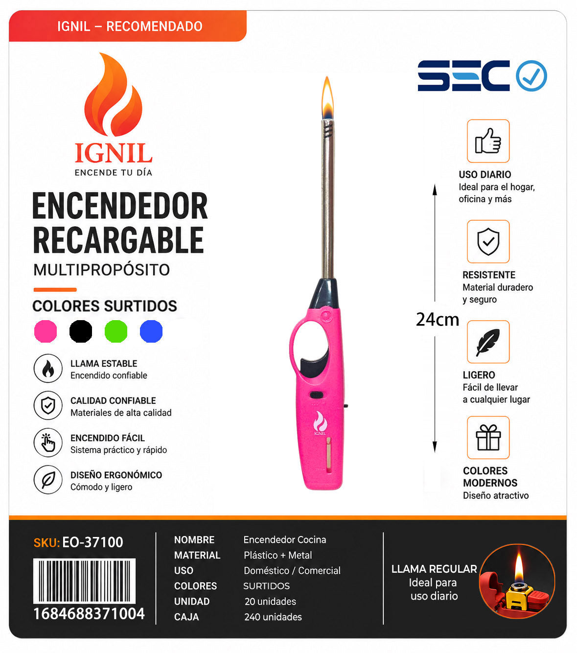 Encendedor de Cocina con Gatillo de Seguridad y Diseño Colorido 20X