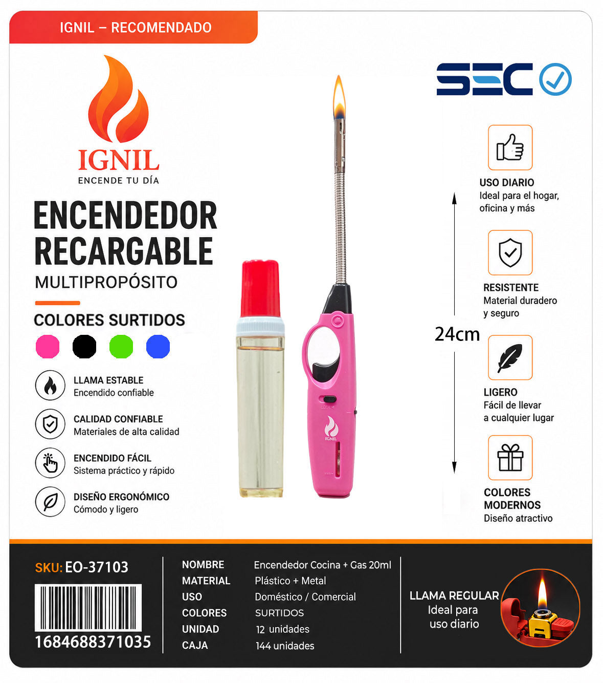 Encendedor de Cocina con Cuello Flexible y Seguro para Niños Mas la Recarga 12X