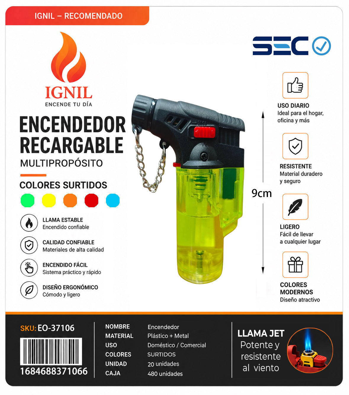 Encendedor Tipo Soplete Recargable con Llama Turbo 20X