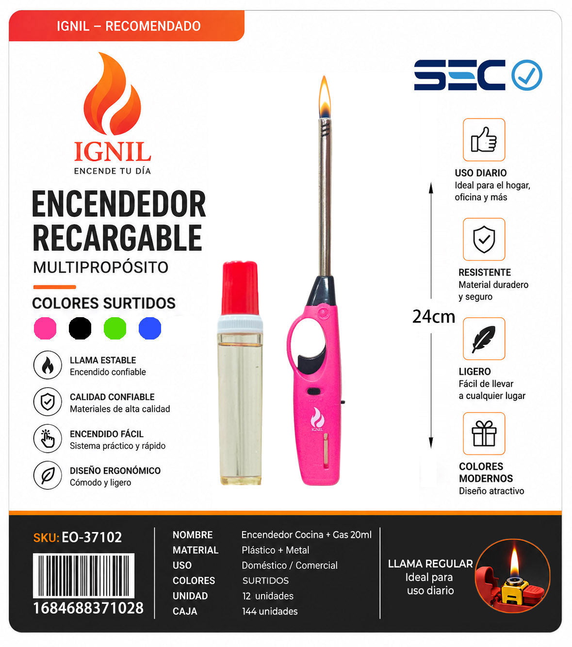 Encendedor de Cocina con Gatillo de Seguridad y Diseño Colorido Mas la Recarga 12X